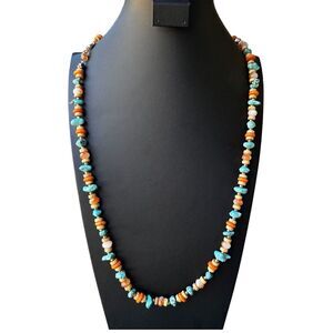 VTG Accent Beaded Necklace 37 Inch Turquoise Nugget Multicolor Shell Quartz Boho